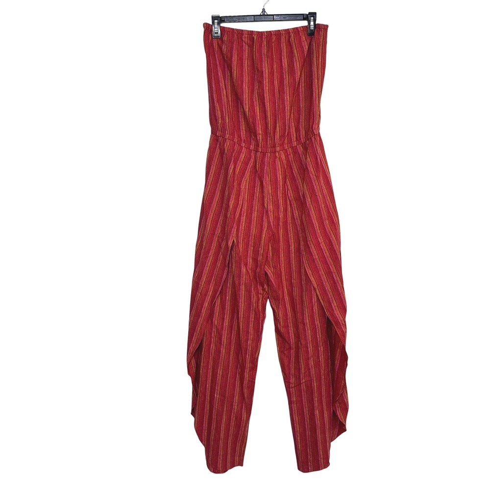 Drew Strapless Jumpsuit Womens M Red Striped Linen Blend Tulip Leg Boho Relaxed